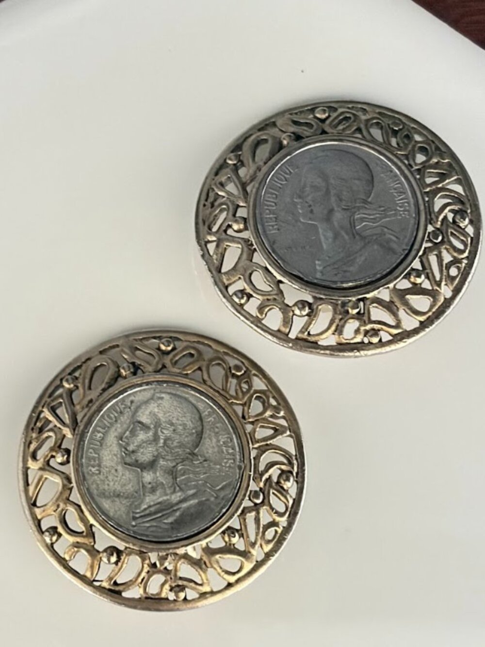 Vintage French Coin Clip On Filigree Earrings Mixed Metal Gold and Silver - Picture 6 of 6